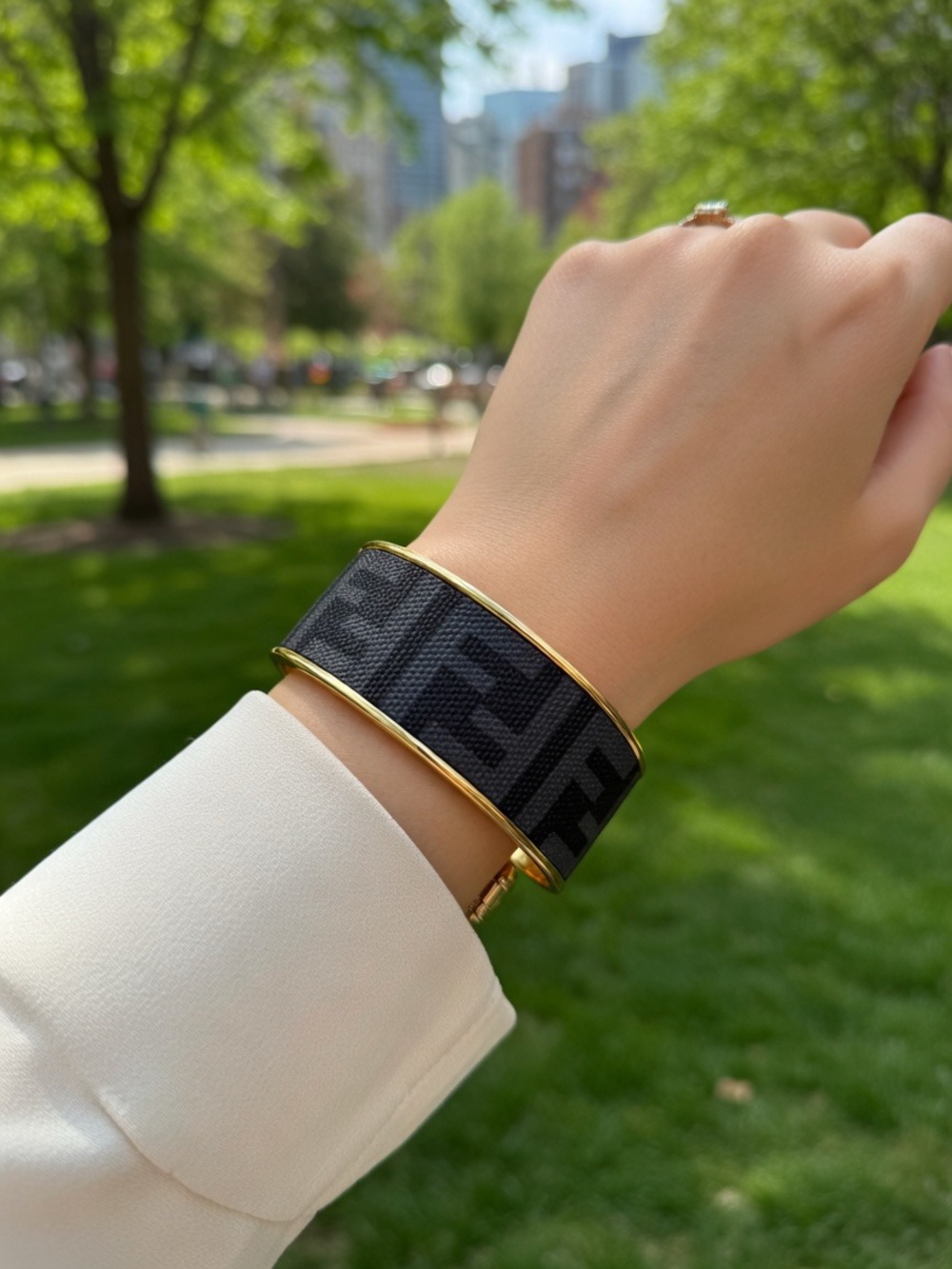 Black FF Logo Print Cuff Bracelet with Gold Trim, Fendi-Jewelry Luxury Designer